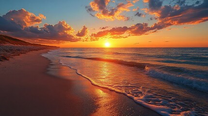 Sunset beaches with warm hues, glowing skies, tranquil water reflections, golden hour light, sandy shorelines, peaceful seascapes, and tropical destinations captured in high detail.