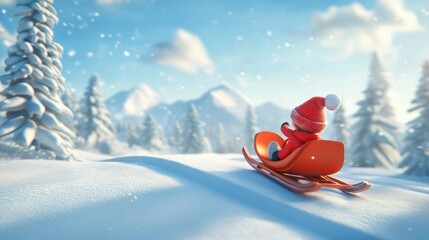A joyful child in a red hat rides a bright sled through a snowy landscape, surrounded by serene mountains and snowy trees, capturing the essence of winter fun.