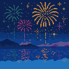 pixel illustration of fireworks over night sea