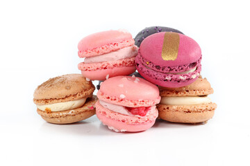 Colorful assortment of macarons isolated on a white background