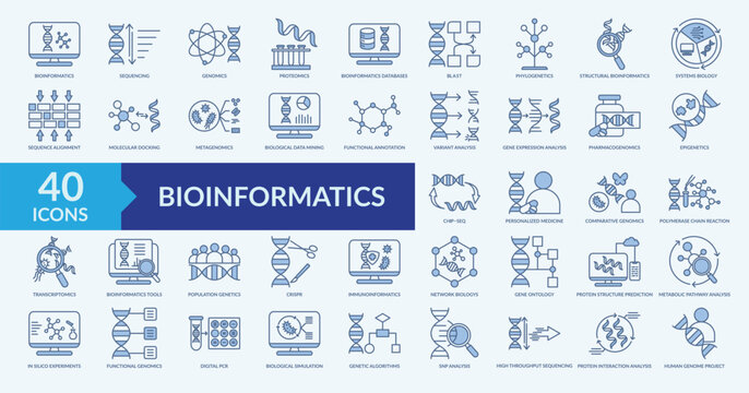 Bioinformatics icon collection set with genomics, proteomics, biological data mining, metabolic pathway analysis, biological simulation
