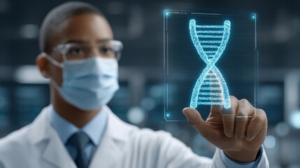 Biotech engineer manipulating holographic dna model in advanced science lab 3d graphic visualization of bacteria cells and dna structures
