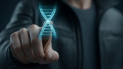 Biotech engineer manipulating holographic dna model in a lab 3d graphic science visualization of cells and bacteria for biotechnology research