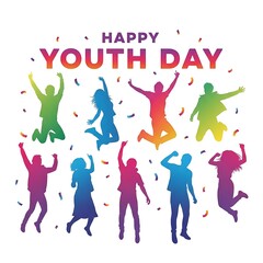 Vibrant Youth Day Celebration Joyful Silhouettes Jumping with Enthusiasm and Colorful Confetti Showcasing Unity and Happiness for International Youth Day