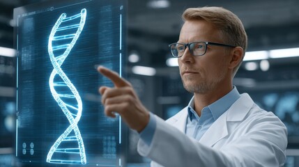 Biotech engineer manipulates holographic dna model in advanced 3d lab for cell and bacteria research