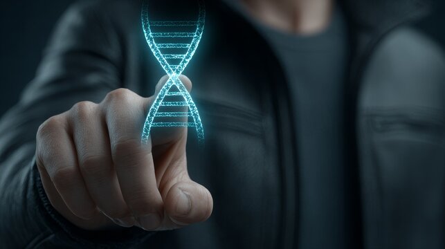 Biotech engineer manipulating holographic dna model in a lab 3d graphic science visualization of cells and bacteria for biotechnology research - Powered by Adobe