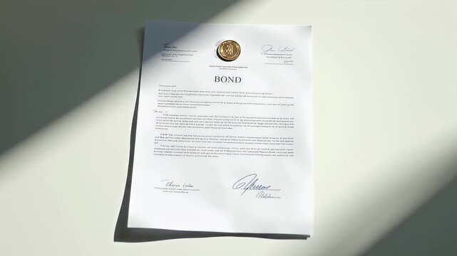 Document on a table with signatures and a golden seal, harsh shadows overlaying one edge