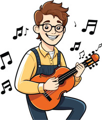 Cartoon Man Playing Guitar With Music Notes Illustration For Education Or Entertainment Concept