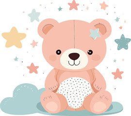 Fototapeta premium Cute Watercolor Teddy Bear Illustration With Stars And Cloud Perfect For Baby Shower Invitations And Nursery Decor