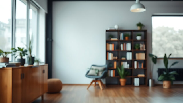 A zoom background photo of a minimalist modern office with a bookshelf and plants