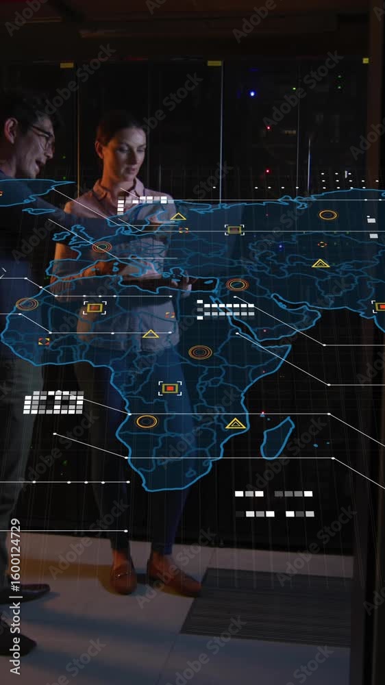 Poster animation of data processing over diverse workers in server room