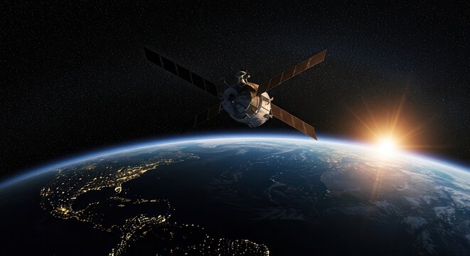 Cinematic Space Satellite Orbiting Earth with Rising View in 8K