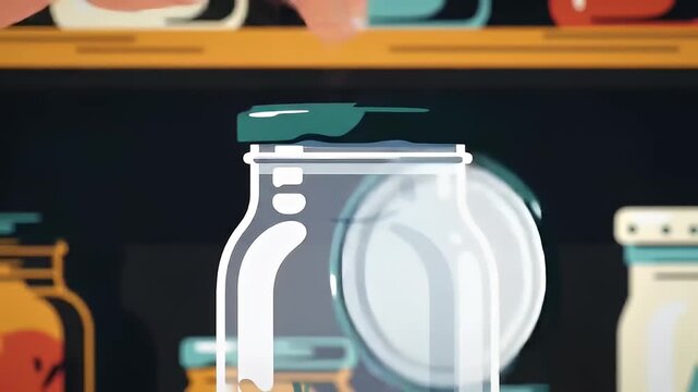 A stylized, cartoon-like illustration of an empty jar with a green lid on a shelf