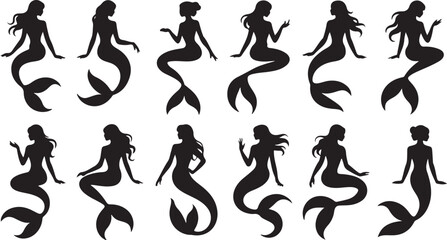 Naklejka premium Silhouette Mermaid Icons Representing Fantasy, Ocean Beauty, and Mythical Grace