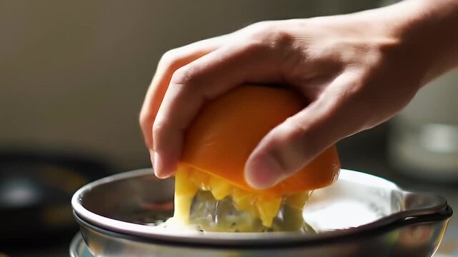 Person squeezing an orange with a reamer into a metal bowl in a well-lit environment