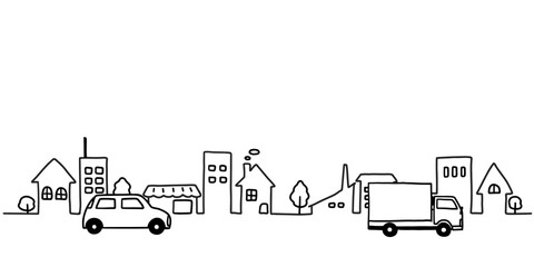 車と街並みのシンプルな手描き線画イラスト　白黒