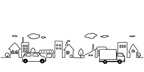 車と街並みのシンプルな手描き線画イラスト　白黒