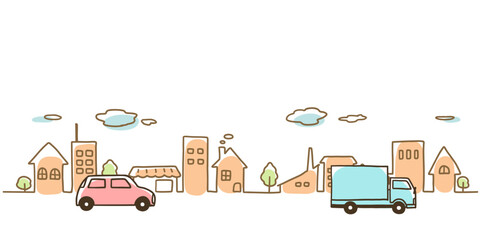 車と街並みのシンプルな手描き線画イラスト　パステルカラー