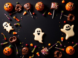 Ghost cookies and spooky sweets top view Halloween setup