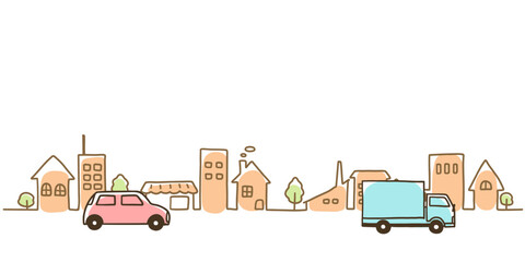車と街並みのシンプルな手描き線画イラスト　パステルカラー