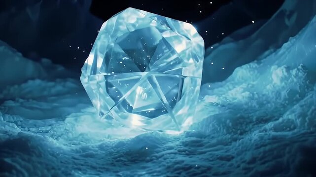 Luminescent gem sits on a textured, icy surface, surrounded by dark caverns and starlight