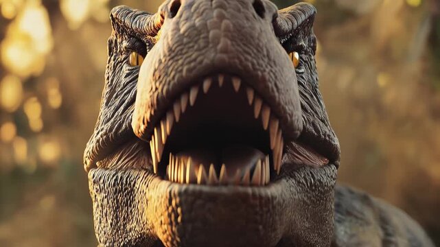 Close-up of roaring Tyrannosaurus rex with open mouth