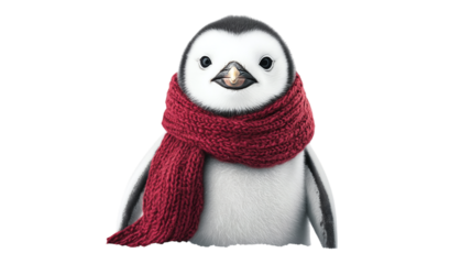 • A cute winter animal like a penguin or polar bear wearing a scarf, isolated on white background in HD