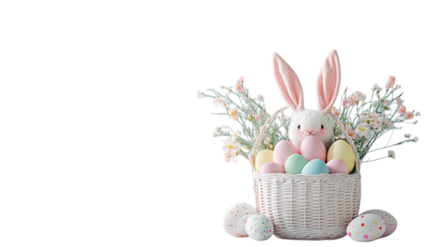 • A decorated Easter basket with pastel-colored eggs and bunny ears, isolated on white background in HD 