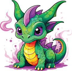 Obraz premium Adorable Cartoon Dragon A Vibrant Illustration Of A Friendly Baby Dragon With Big Eyes And A Playful Pose Perfect For Childrens Books And Cute Designs