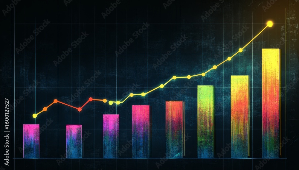 Poster vibrant data visualization with gradient bar graph and bright overlaying line chart on dark canvas