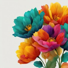 Colorful abstract floral bouquet with bold textured petals in teal red orange yellow and pink tones on white background Generative AI