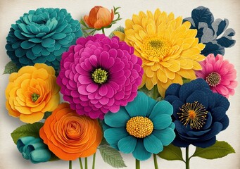 Bright multicolored abstract flowers with detailed line textures and overlapping petals on white background in modern artistic style Generative AI