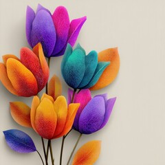 Colorful tulip-like abstract flowers with textured petals in orange purple teal and pink tones on neutral background Generative AI