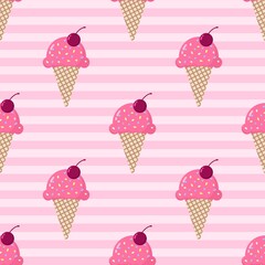 Sweet pink ice cream cone pattern with sprinkles and cherry on striped background. Perfect for summer, dessert, or cute aesthetic designs.