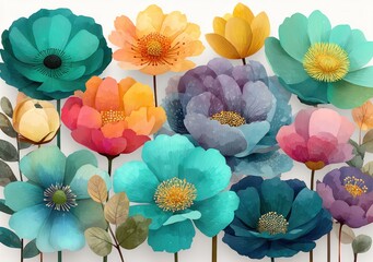 Whimsical garden of colorful abstract flowers with textured petals in yellow purple pink teal and blue on soft watercolor background Generative AI