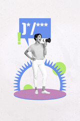 Pop image collage of young person scream megaphone working gear code on pastel background