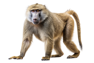 Adult baboon in alert stance isolated on transparent background