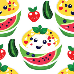 Cheerful Smoothie Bowl Seamless Pattern A Fun And Playful Repeating Design Featuring A Cartoon Smoothie Bowl Character Made Of Watermelon Topped With Fruit And Perfect For Childrens Products
