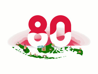 Indonesian map graphic commemorating 80 years, featuring landmarks and national colors.