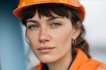 A determined Caucasian female engineer in vibrant hard hat, symbolizing resilience and innovation for National Engineer's Week