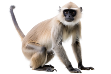 Portrait of a langur monkey with black face and expressive eyes, isolated on transparent background