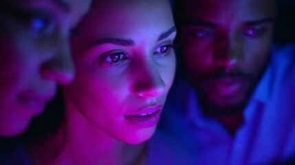 A trio of diverse faces bathed in neon glow, embodying Tech Innovation Day and Digital Detox Awareness