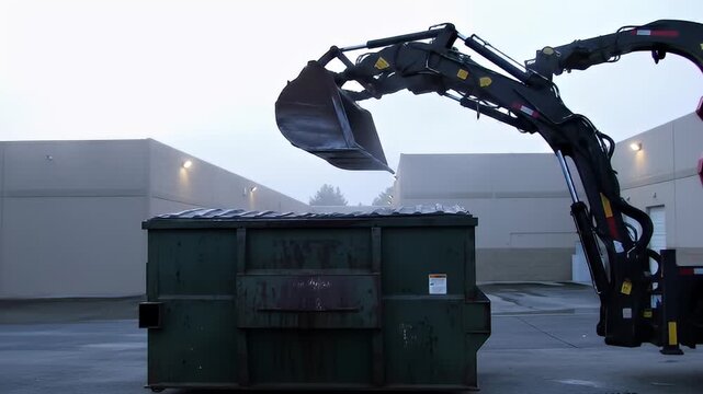 Excavator arm poised above a dumpster in a misty urban industrial environment