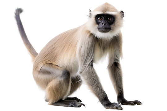 Portrait of a langur monkey with black face and expressive eyes, isolated on transparent background