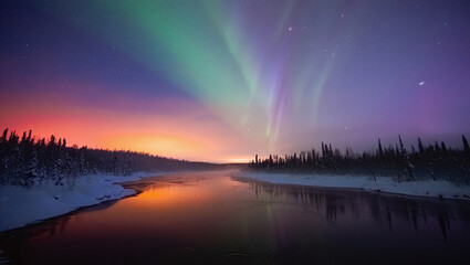 Fototapeta premium Serene Winter River Landscape: Aurora Borealis, Starry Night, Tranquil Mood
