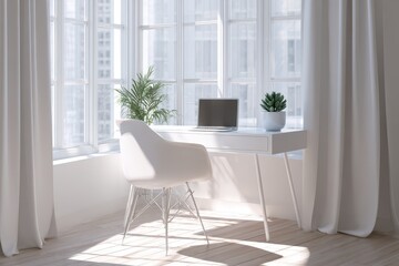 Fototapeta premium Laptop on desk at home. Sunlight streams through the window. Background blurred