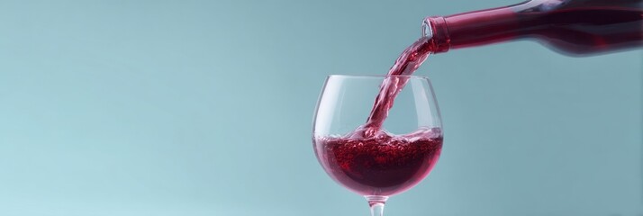 Fototapeta premium Luxurious crimson liquid cascades into a glass, serenading Bacchanalia, vinotherapy indulgence, effervescent droplets embracing Dionysian festivity