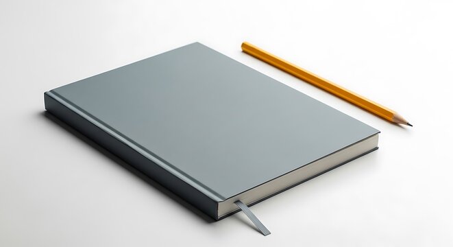 Simple Gray Notebook with Yellow Pencil on White Background (AI Generated)