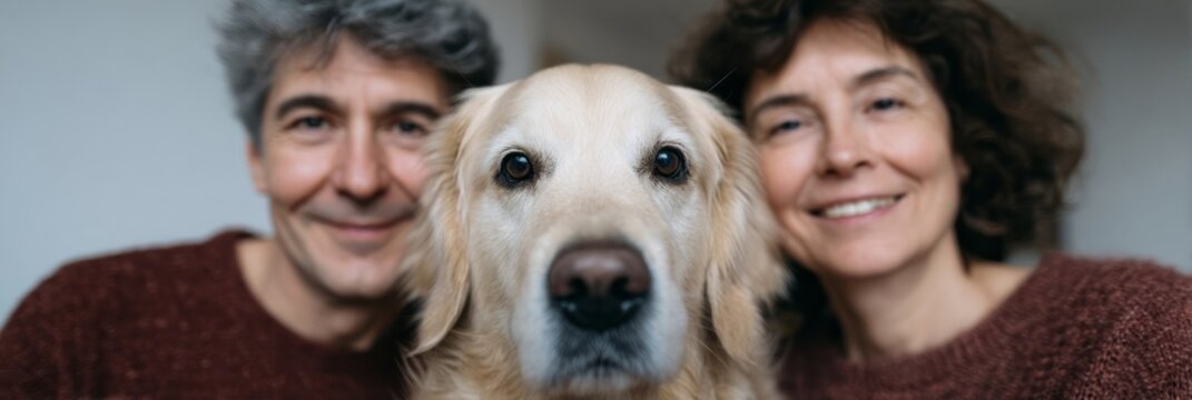Elderly Caucasian couple grins gently behind their golden retriever, exuding cozy hygge vibes, perfect for National Pet Day