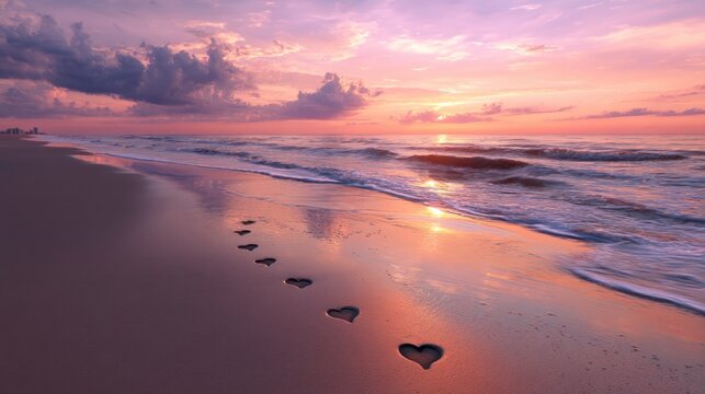 Heart footprints sunrise beach